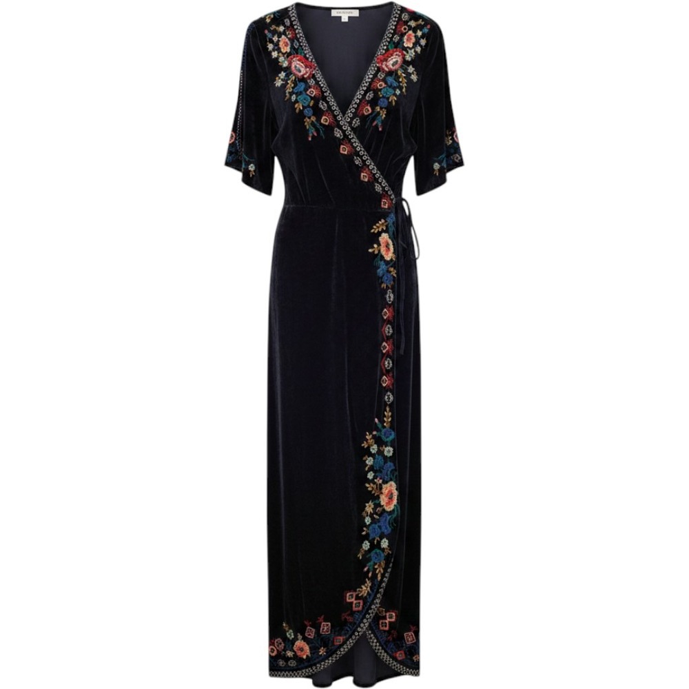 Johnny Was Velvet Wrap Maxi Dress Embroidered Silk Blend Purple J30120-7 L